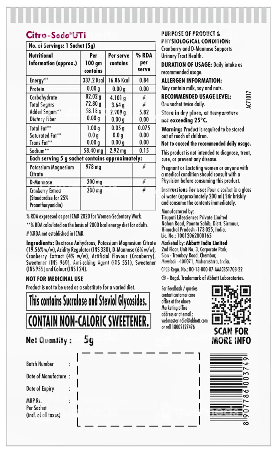 Citro Soda Citrus Flavour Sugar Free Effervescent Granules 4gm