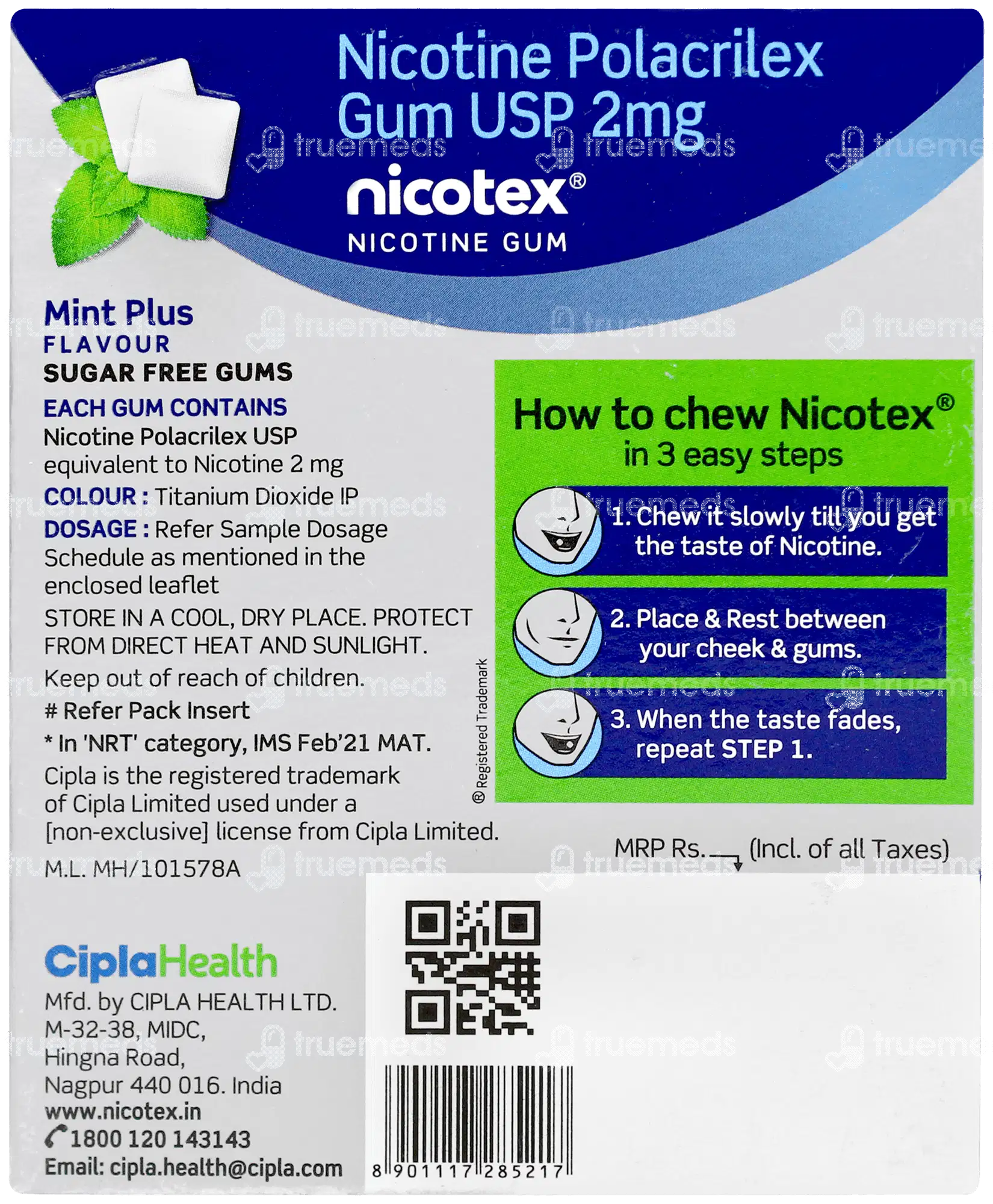 Nicotex 2mg Cinnamon Flavour Sugar Free Nicotine Gums 12