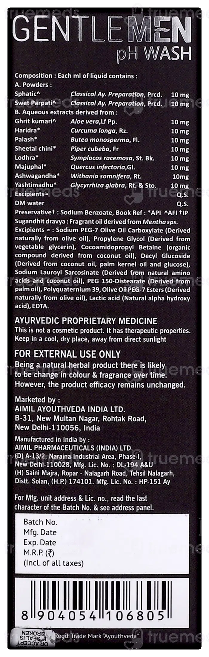 Ayouthveda Gentle Men Ph Wash 180ml